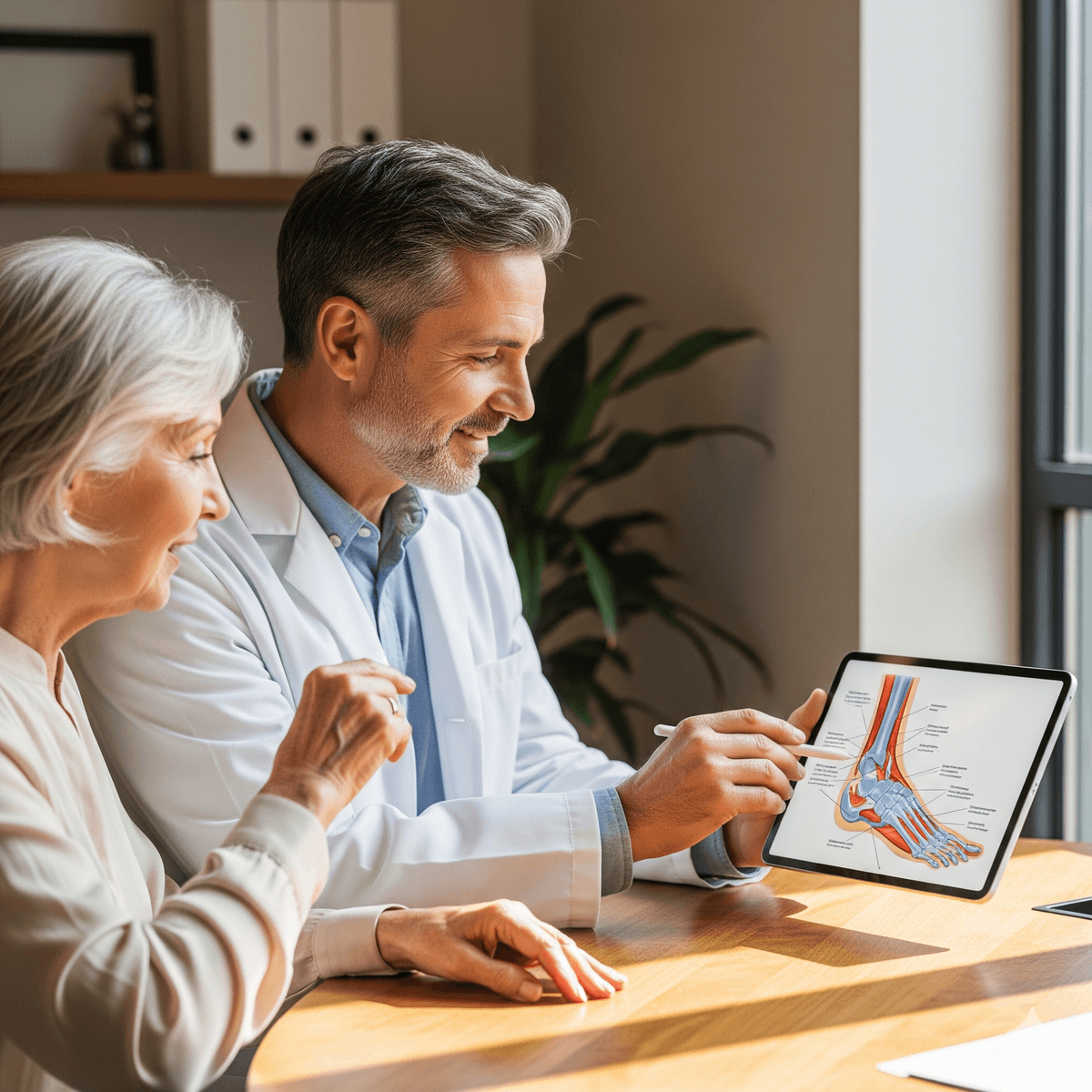 A healthcare professional explaining foot anatomy to a patient using a tablet